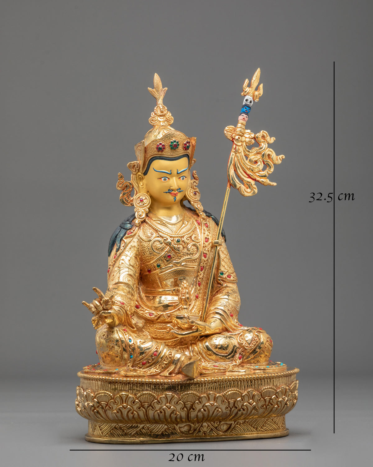 Guru Rinpoche Acrylic Painted Sculpture: 24K Gold Gilded Himalayan Art