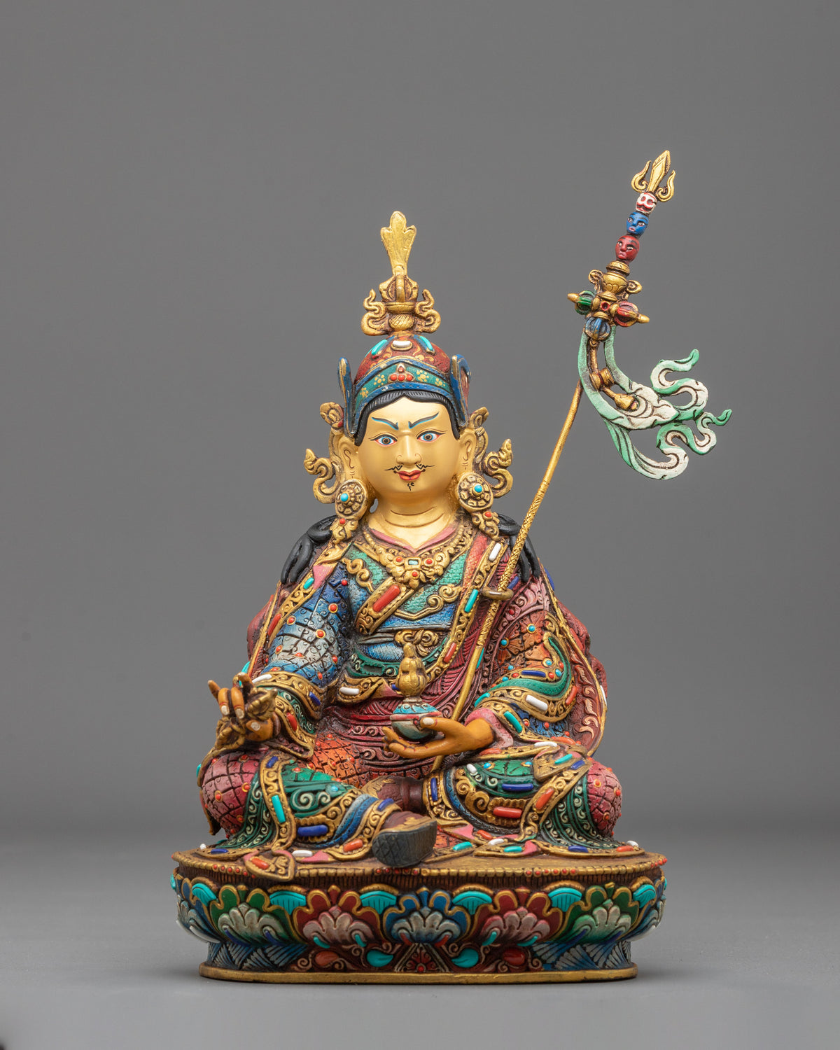 Handmade Tibetan Statue of Guru Rinpoche Sculpture: 24K Gold Gilded