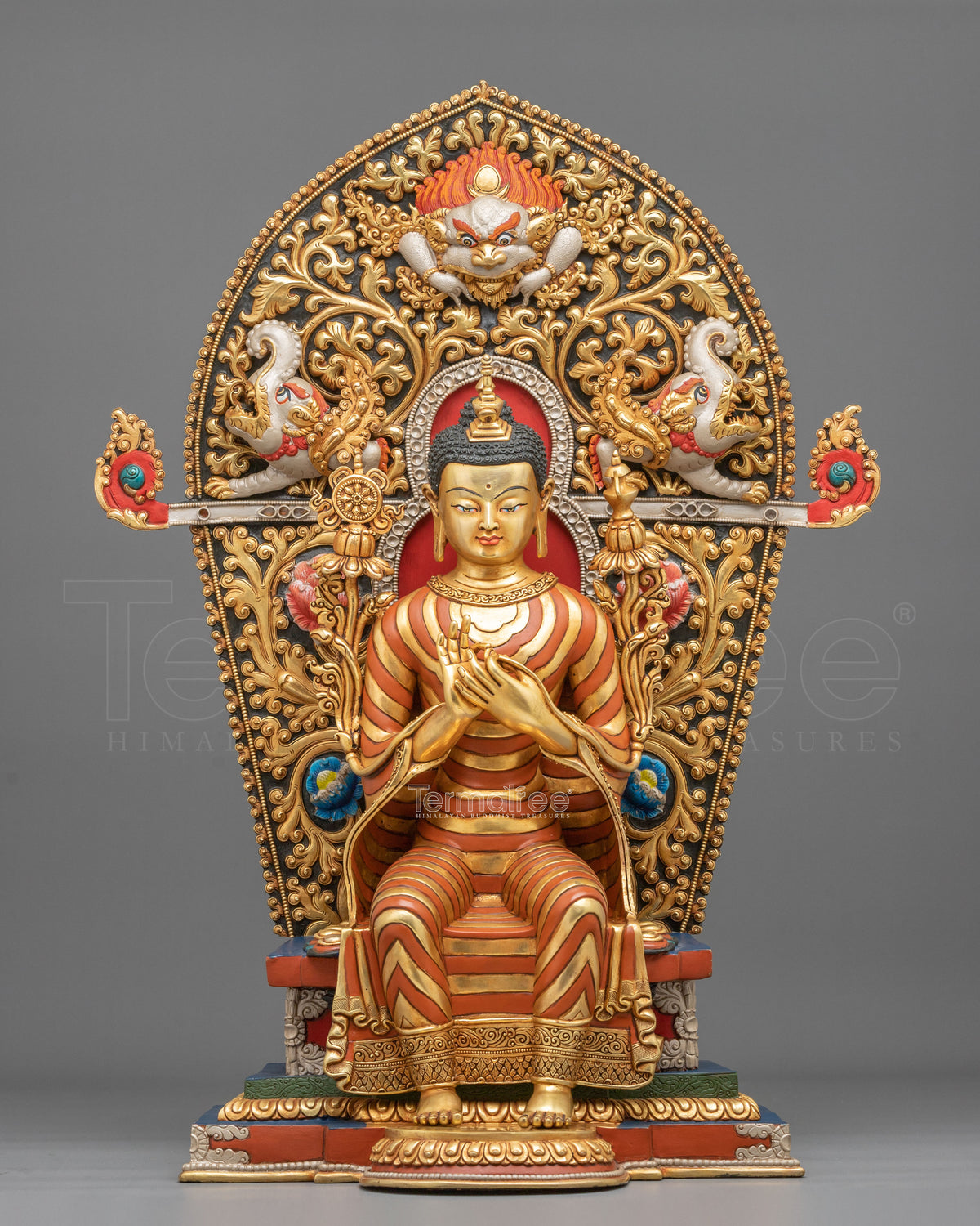 24K Gold Gilded Maitreya Buddha Copper Sculpture with Gemstones Inlays