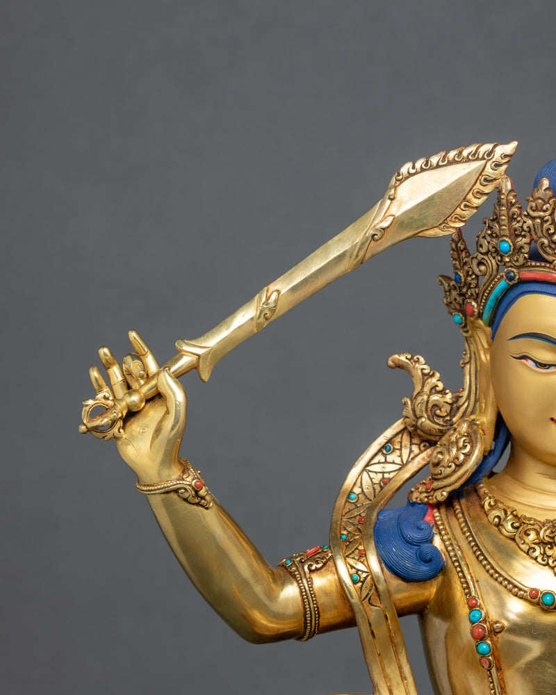 Bodhisattva Manjushri Gold Statue | Buddhist Bodhisattva Of Wisdom Sculpture