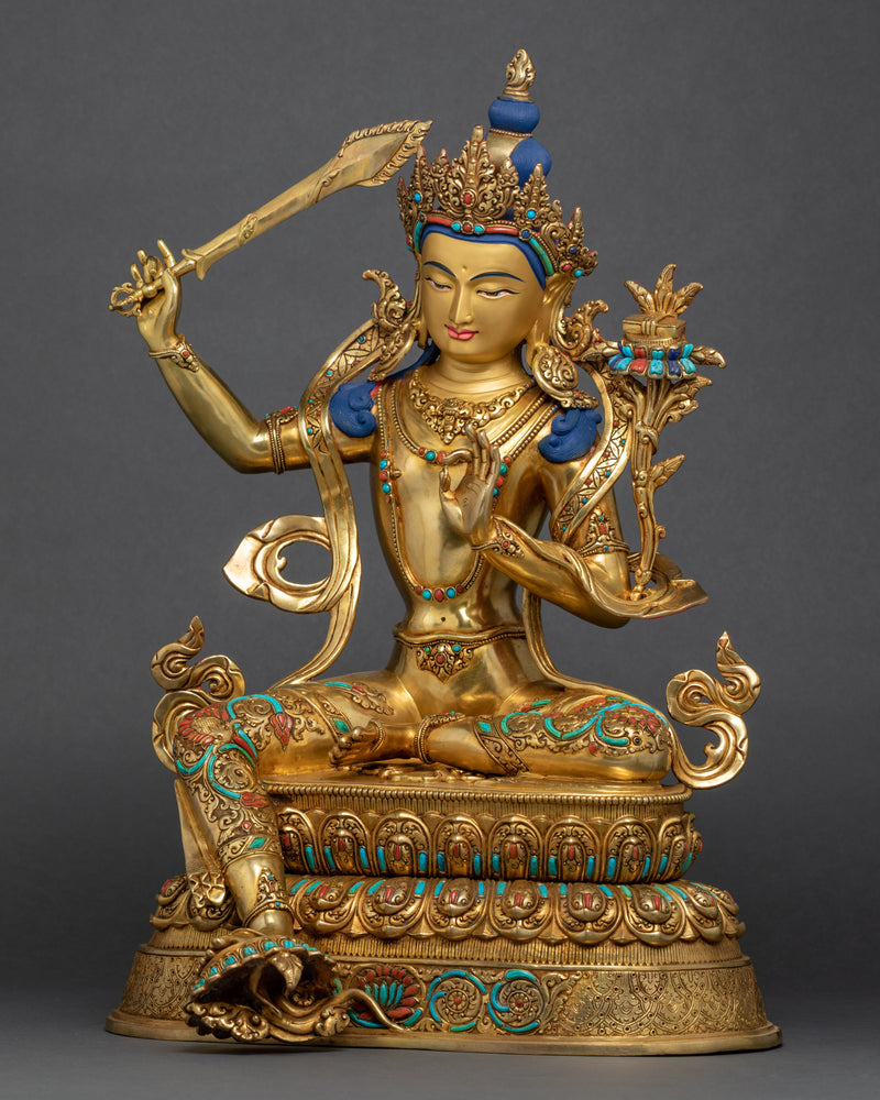 Bodhisattva Manjushri Gold Statue | Buddhist Bodhisattva Of Wisdom Sculpture