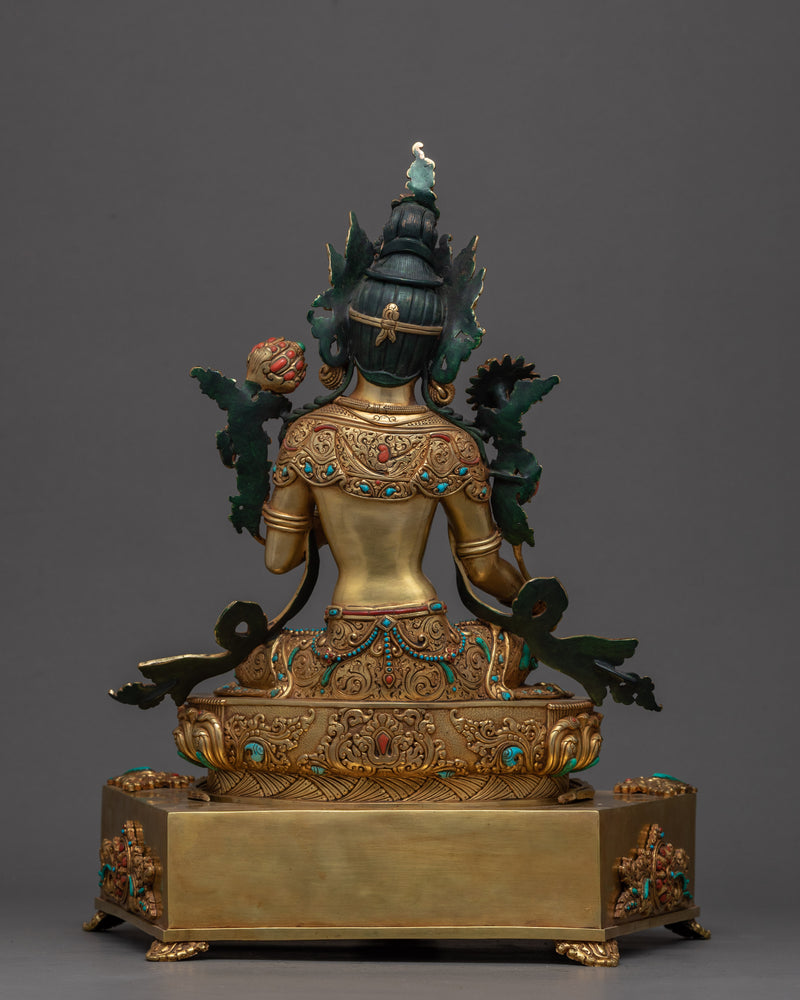 Sculpture of Green Tara on Throne | Rare Himalayan Art