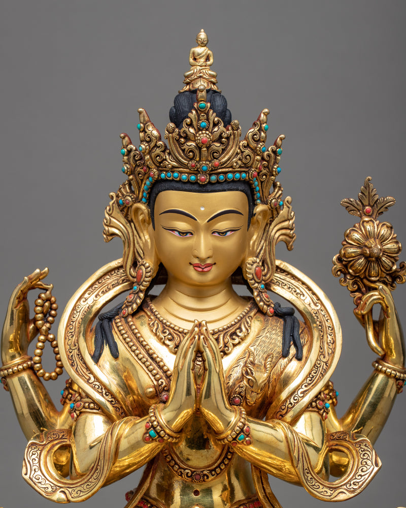 Chenrezig Avalokiteshvara Sculpture | 24k Gold Gilded Artwork