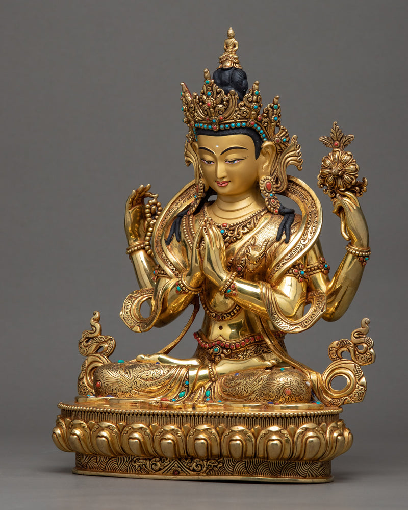 Chenrezig Avalokiteshvara Sculpture | 24k Gold Gilded Artwork