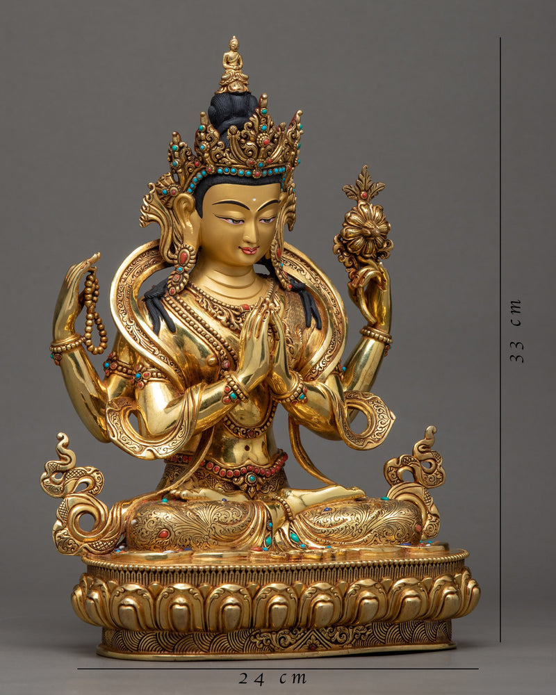 Chenrezig Avalokiteshvara Sculpture | 24k Gold Gilded Artwork
