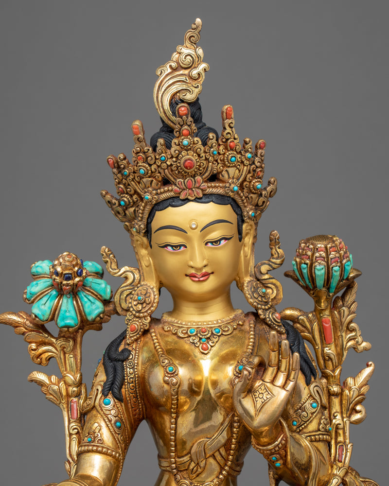 Green Tara Goddess Sculpture | Hand Carved 24K Gold Statue