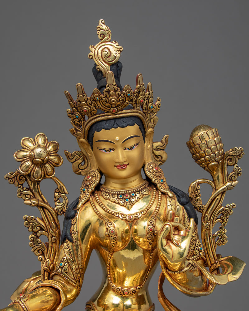 Green Tara Indoor Statue | Hand Carved Female Buddha Artwork