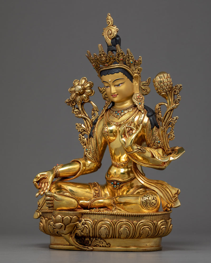 Green Tara Indoor Statue | Hand Carved Female Buddha Artwork