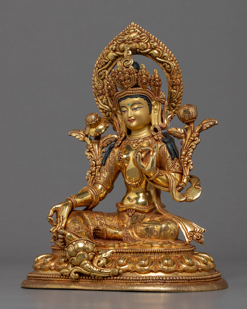 Green Tara Gold Plated Sculpture | Traditionally Hand Carved Art