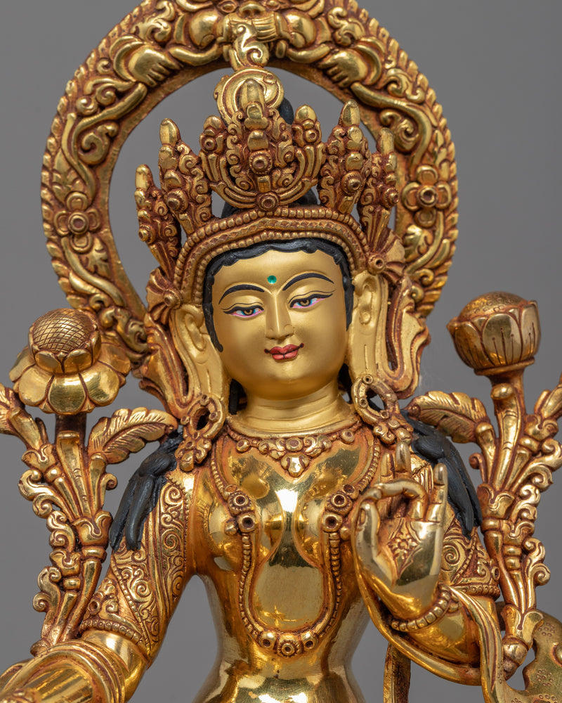 Green Tara Gold Plated Sculpture | Traditionally Hand Carved Art