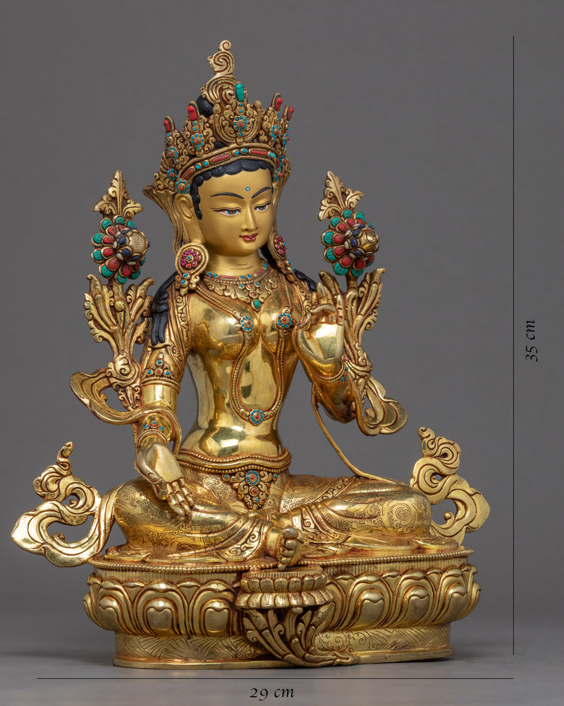Tibetan Sculpture Green Tara | Gold Plated Himalayan Art
