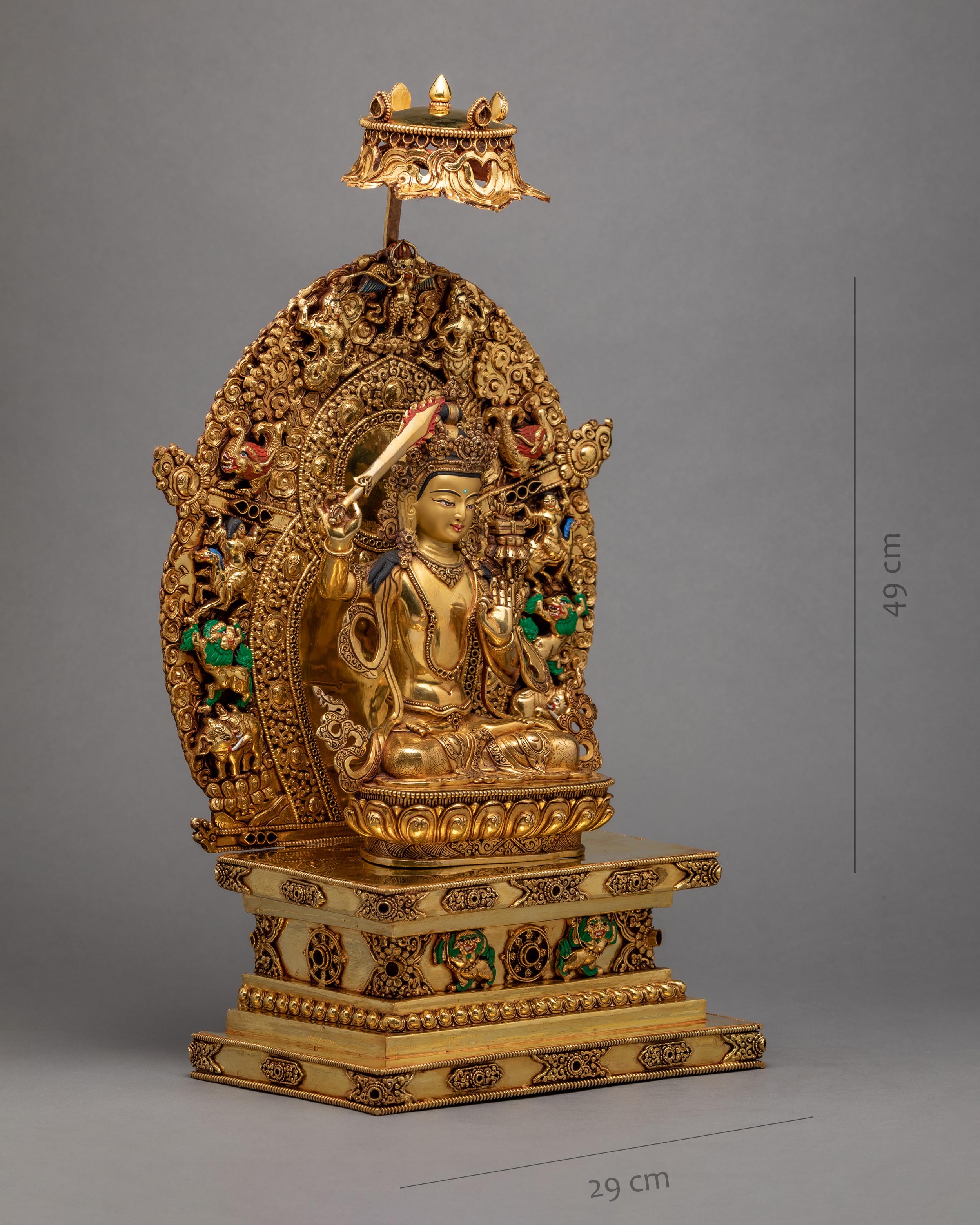 Manjushri Statue in Throne  | Himalayan Bodhisattva Statue | Plated With Pure 24K Gold