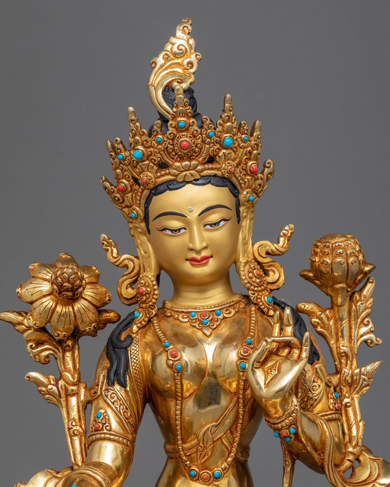 Green Tara Bodhisattva | Tibetan Art Plated with Gold