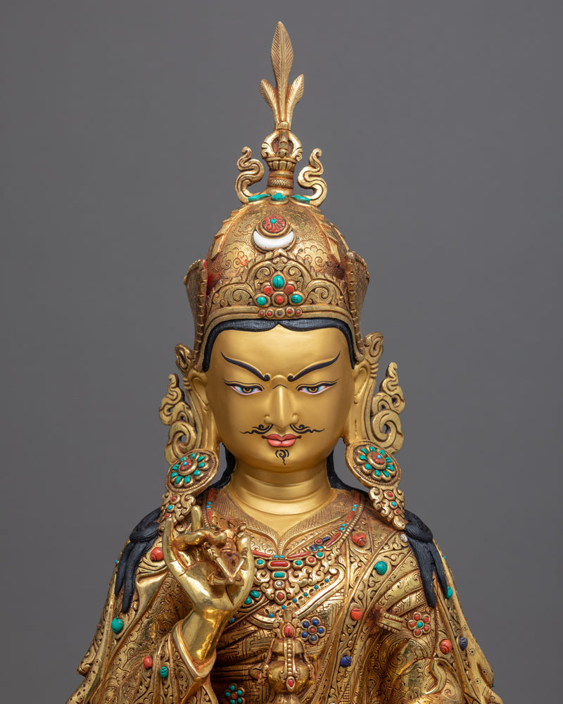 Guru Rinpoche Gold Sculpture | Hand-Carved Buddhist Art
