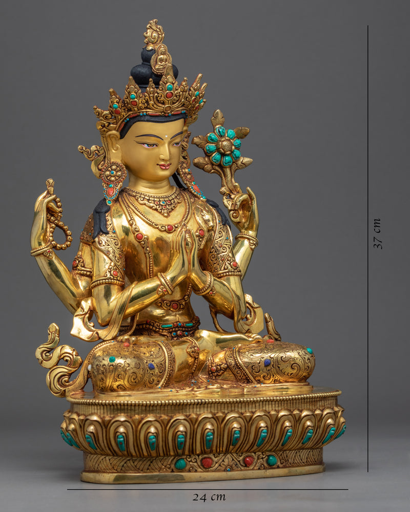 4 Arm Chenrezig Statue | Gold Gilded | Boddhisattva of Compassion