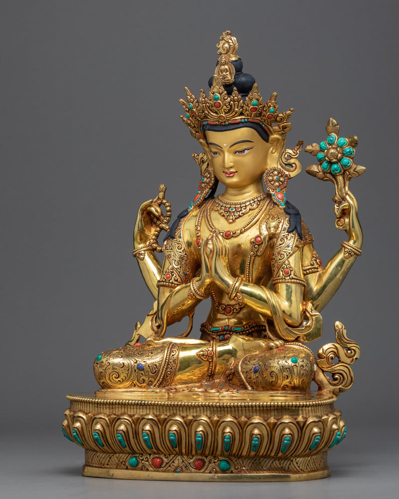 4 Arm Chenrezig Statue | Gold Gilded | Boddhisattva of Compassion