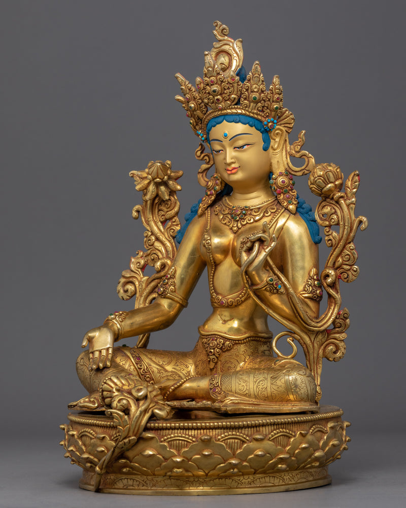 Green Tara Female Buddha Art | Mother Tara Statue | 24k Gold Gilded