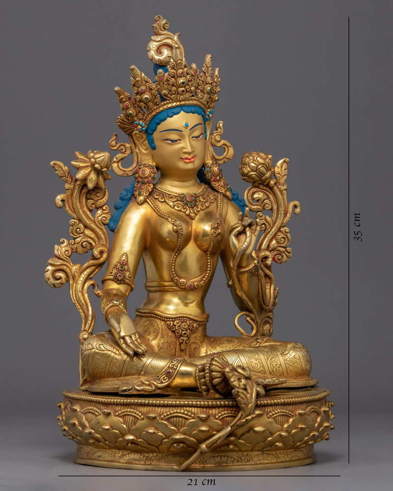 Green Tara Female Buddha Art | Mother Tara Statue | 24k Gold Gilded