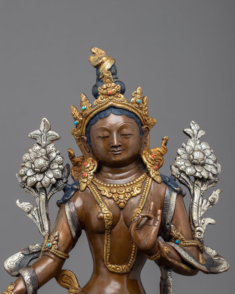 Standing Green Tara Statue | Hand Carved Gold Gilded Statue