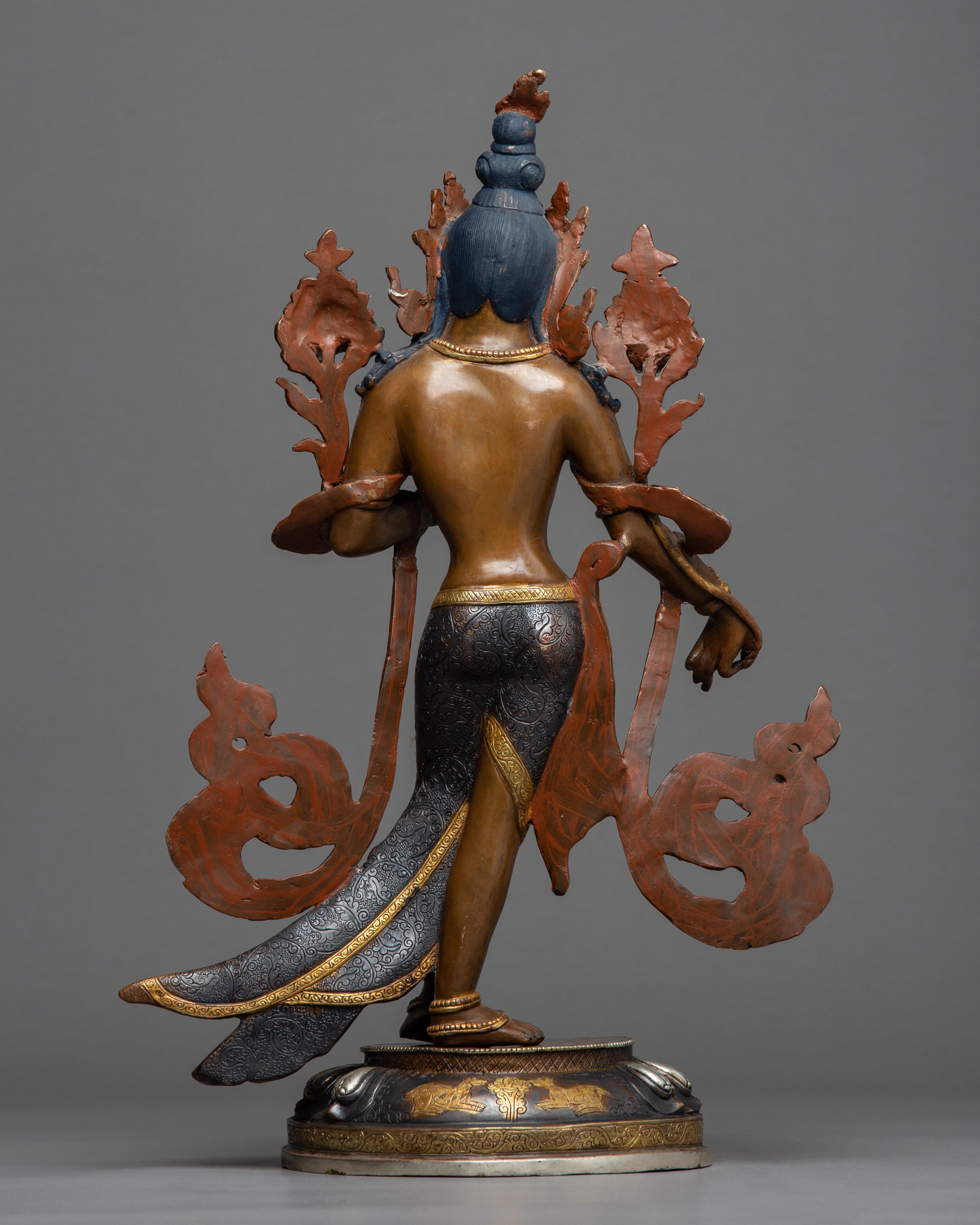 Standing Green Tara Statue | Hand Carved Gold Gilded Statue