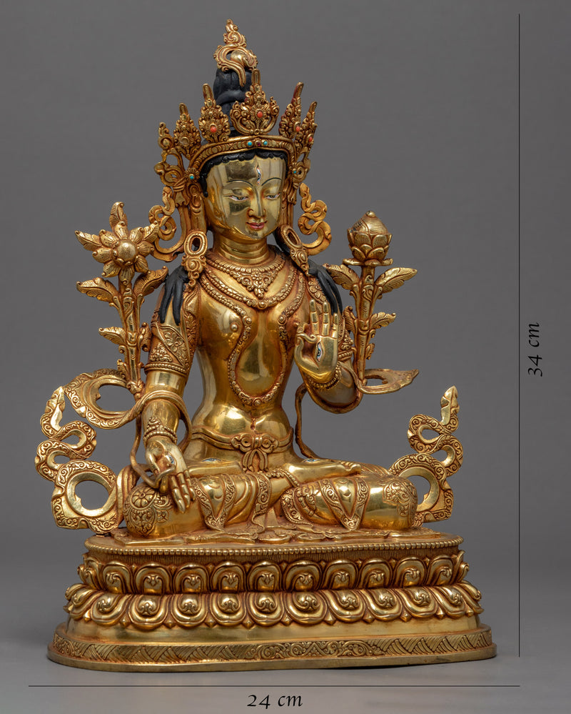 White Tara Gold Statue | Traditional Himalayan Sculpture