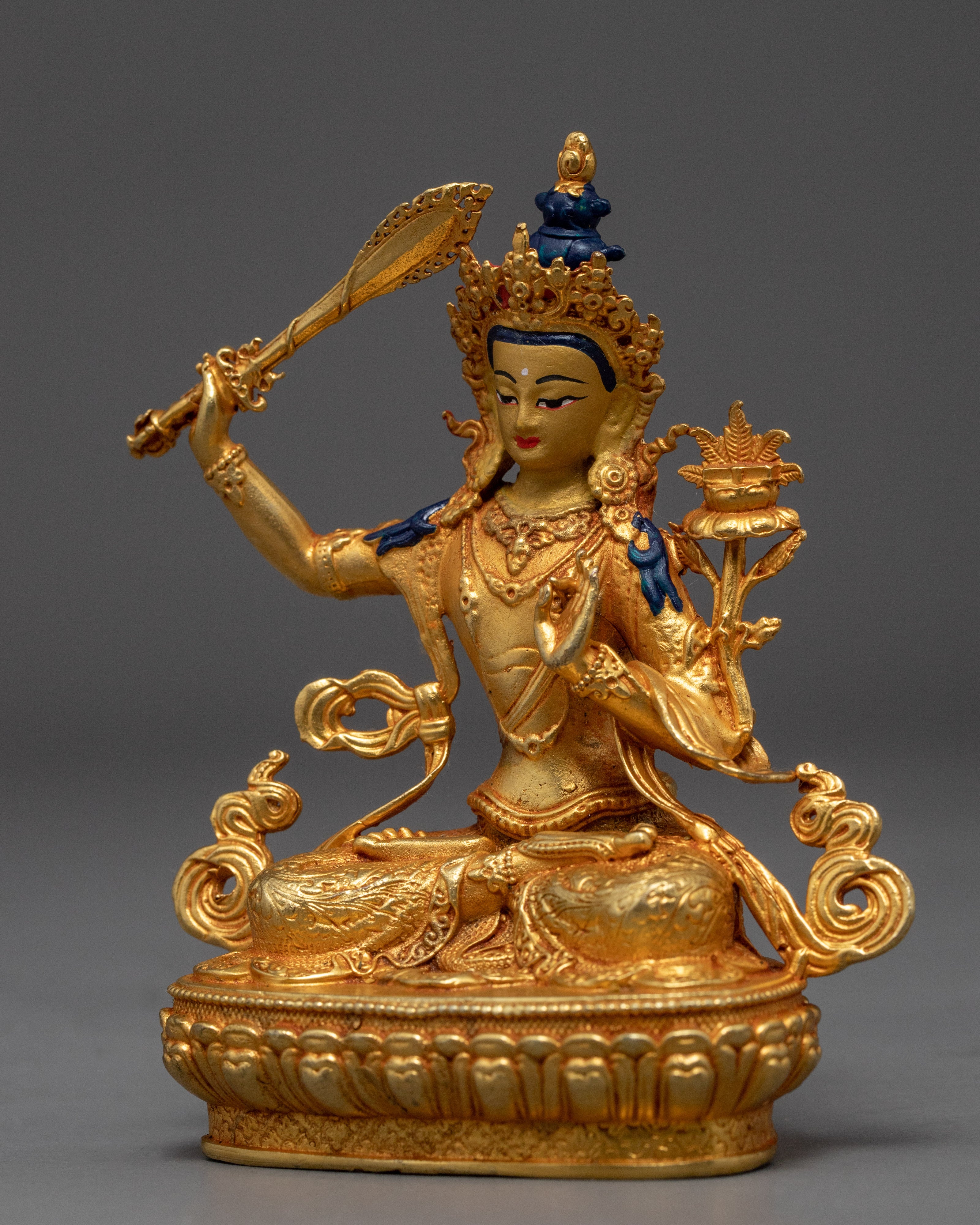 Tibetan Manjushri Gold Sculpture | Traditional Himalayan Art