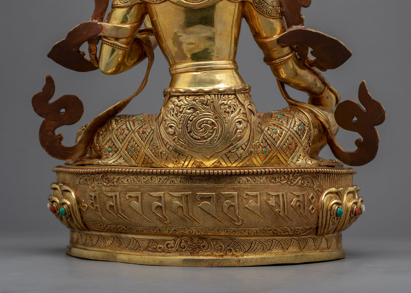 Female Buddha Sculpture | Tibetan Green Tara Art Plated with Gold