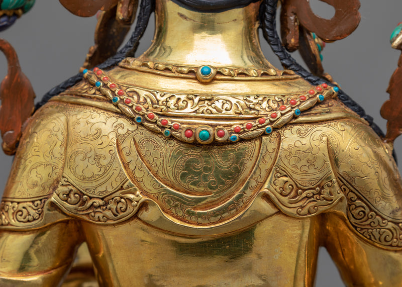 Female Buddha Sculpture | Tibetan Green Tara Art Plated with Gold