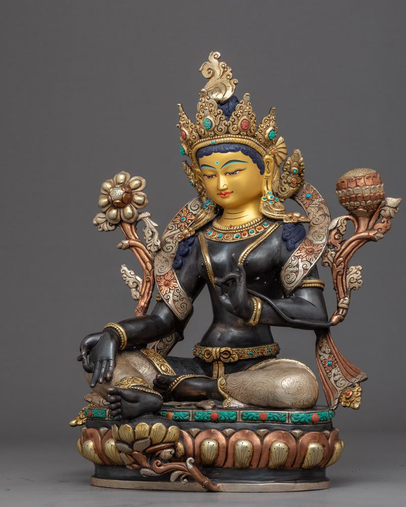 Buddha Art Green Tara Sculpture | Mother Tara Statue | 24k Gold Gilded