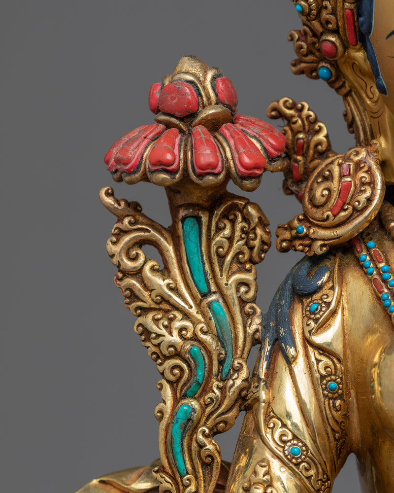 Tibetan Sculpture Green Tara | Gold Gilded Himalayan Art