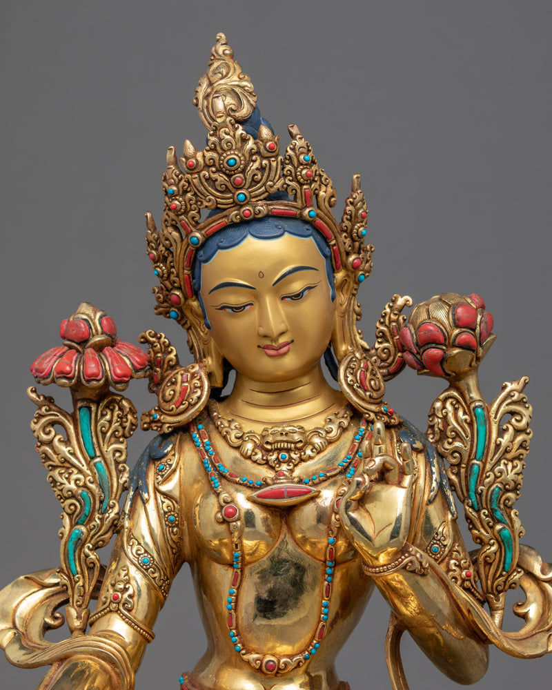 Tibetan Sculpture Green Tara | Gold Gilded Himalayan Art