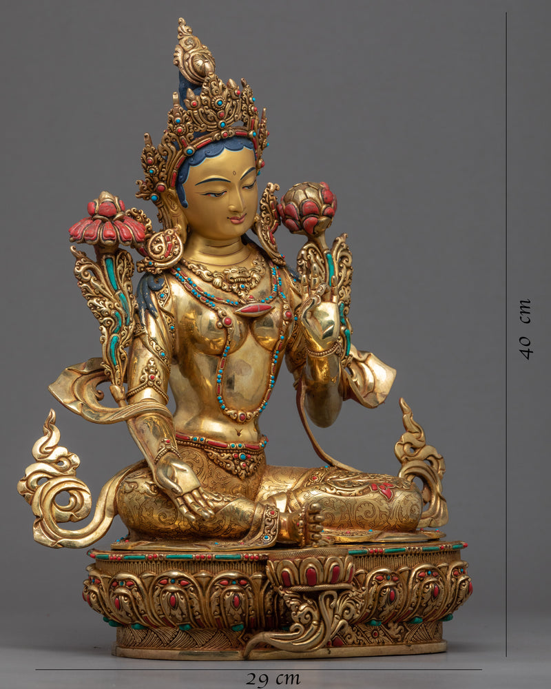 Tibetan Sculpture Green Tara | Gold Gilded Himalayan Art