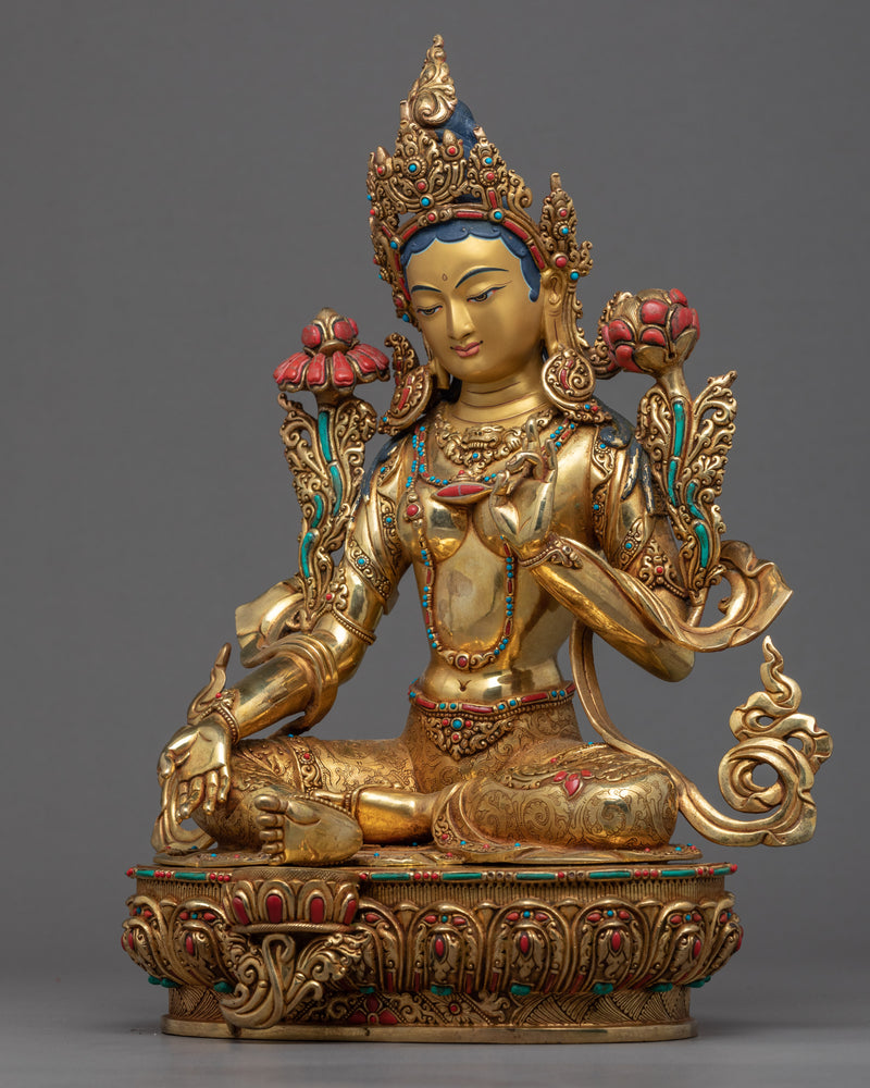 Tibetan Sculpture Green Tara | Gold Gilded Himalayan Art
