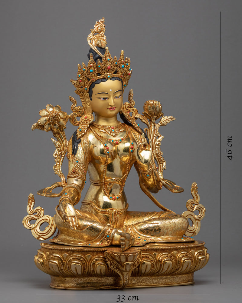 Green Tara Gold Statue | Goddess of Compassion