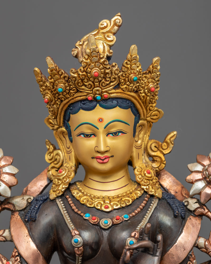 Female Buddha Statue | Tibetan Green Tara Art Plated with Gold