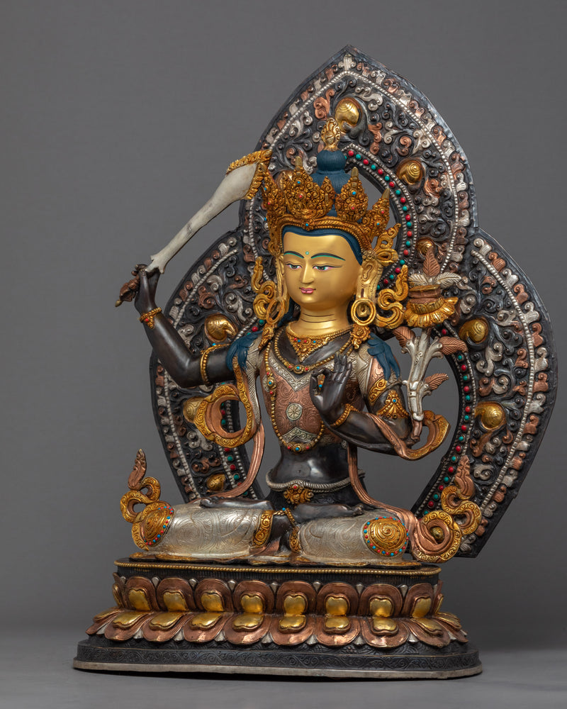 Buddha Manjushri Sculpture | Himalayan Art | Gold Gilded Statue