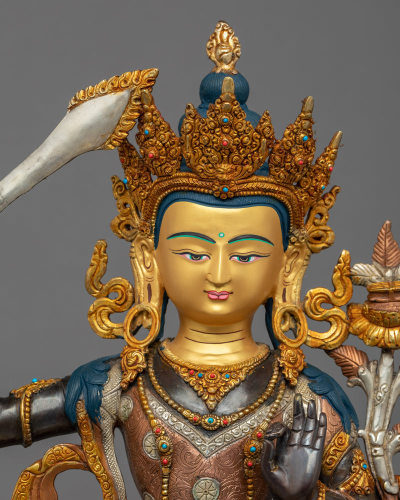 Buddha Manjushri Sculpture | Himalayan Art | Gold Gilded Statue