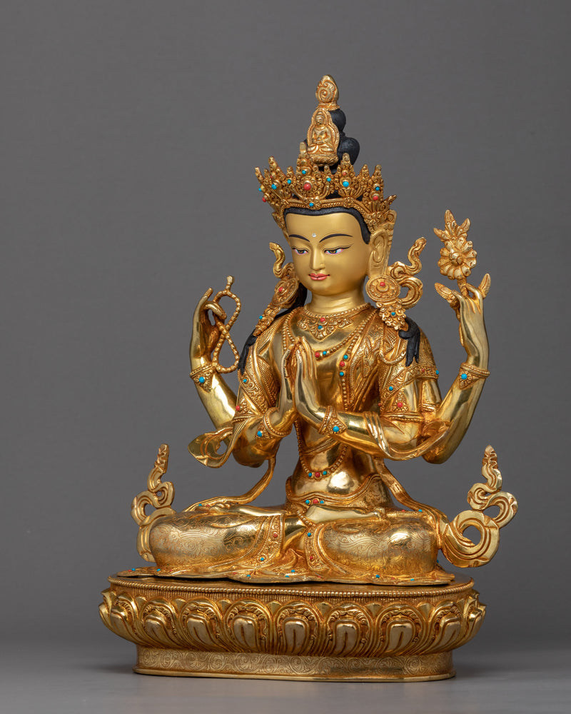 4 Arms Chenrezig Sculpture | Traditional Tibetan Art
