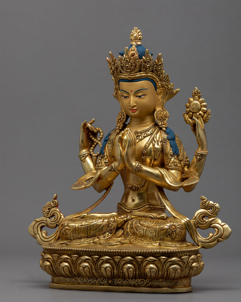 Four Armed Chenrezig | Boddhisattva of Compassion | Gold Gilded