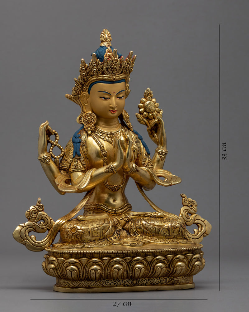 Four Armed Chenrezig | Boddhisattva of Compassion | Gold Gilded