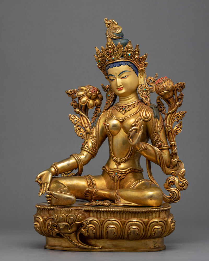 Green Tara Gold Plated Statue | Handmade Buddhist Artwork