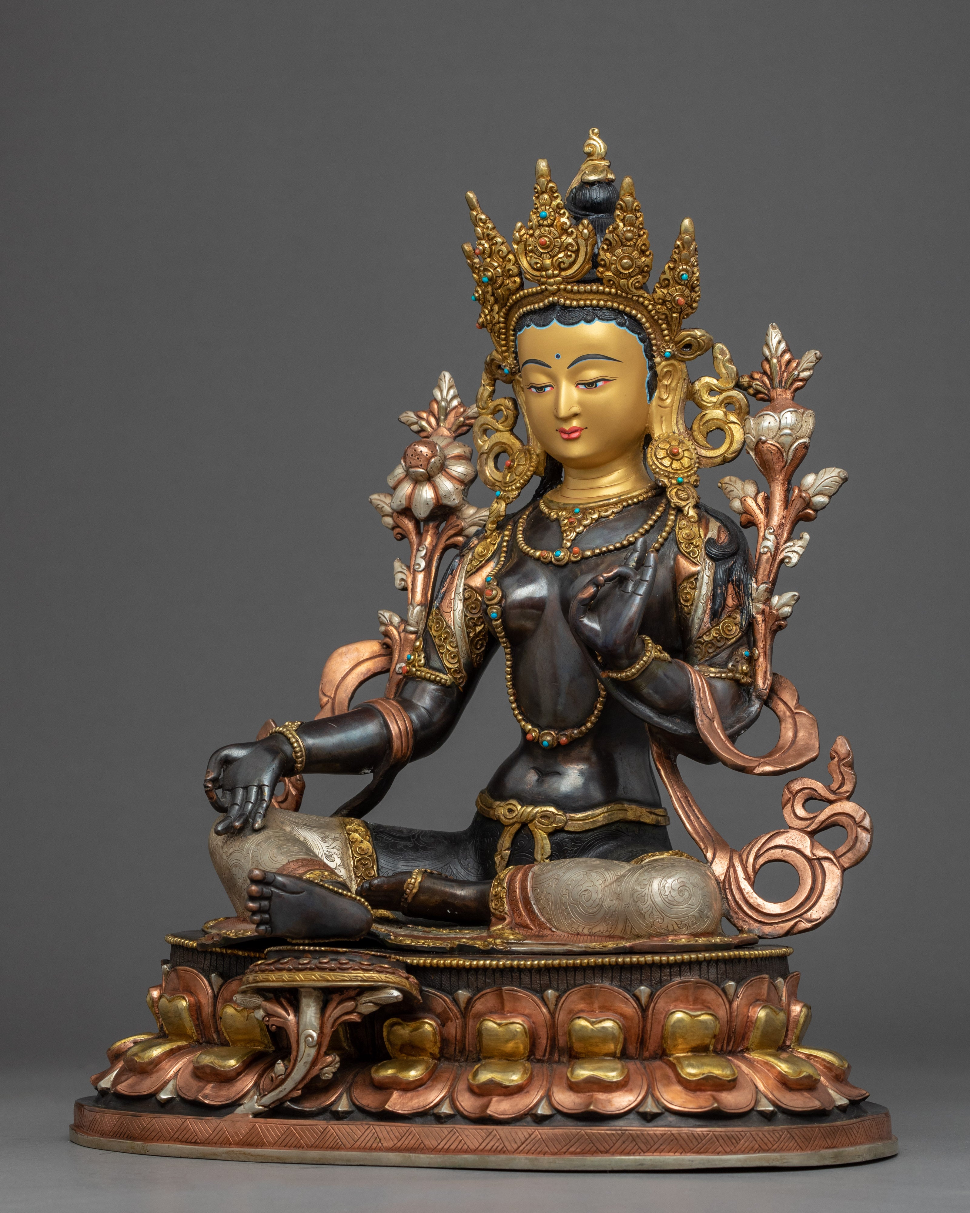 Gold Gilded Buddhist Art Tara Sculpture | Green Tara Art