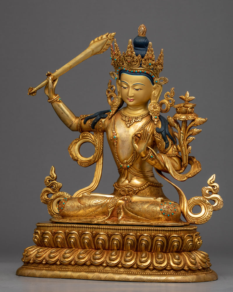 Bodhisattva Manjushri Gold Sculpture | Buddhist Wisdom Deity
