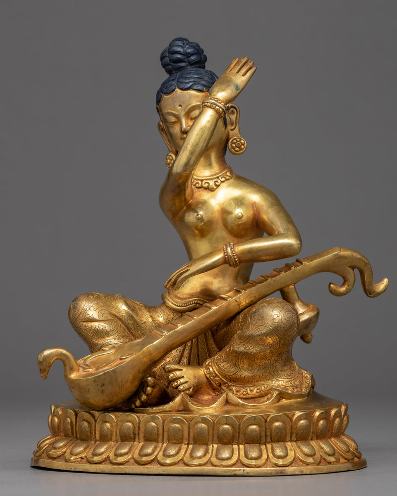 Goddess Saraswati Statue | Hand Carved Gold Gilded Statue