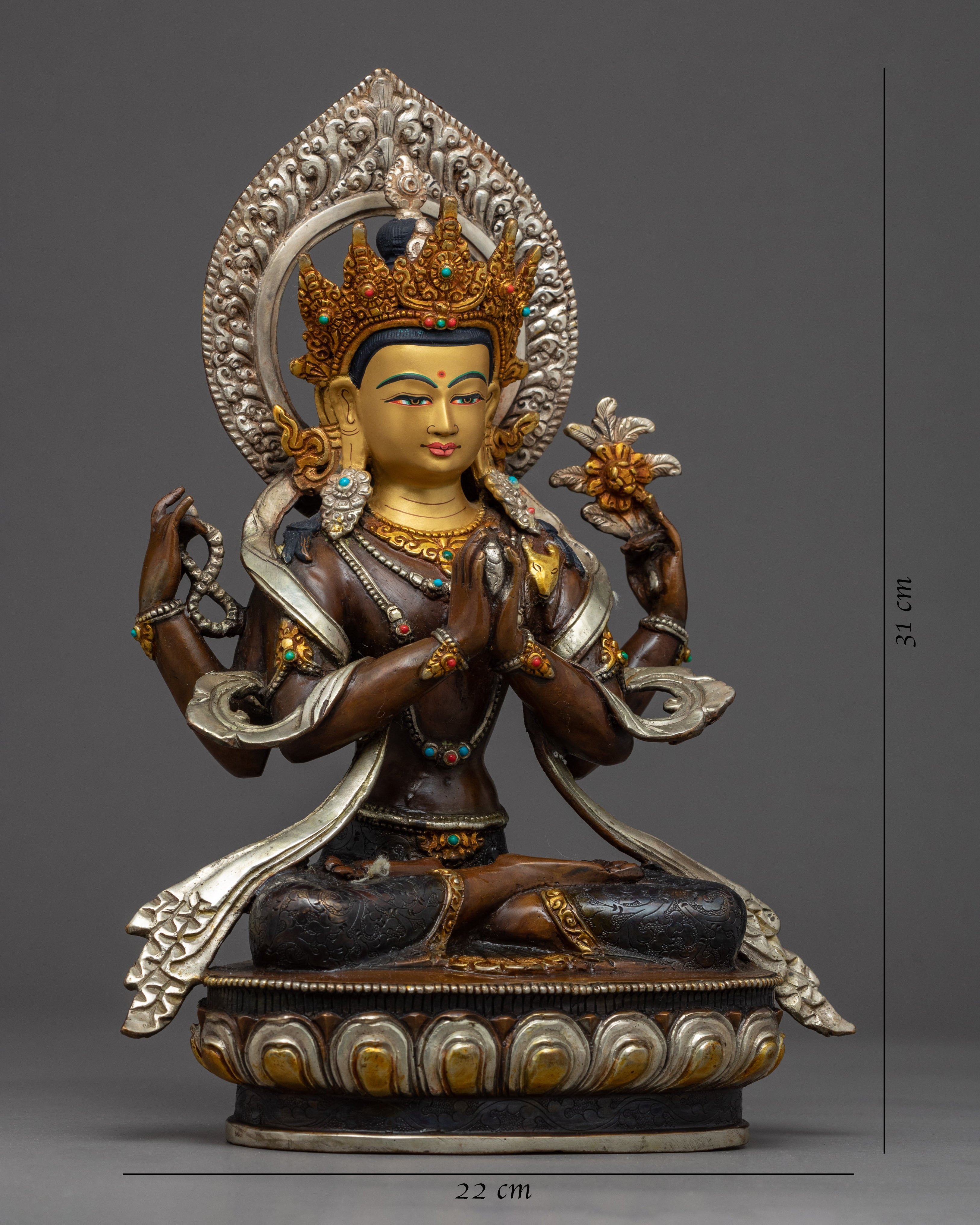 Four Armed Chenrezig Gold Sculpture | The Compassion Deity