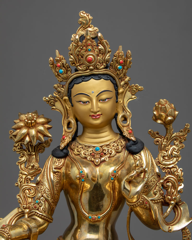 Tibetan Statue Green Tara | Gold Plated Himalayan Art