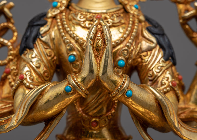 Four Armed Chenrezig Statue Himalayan Sculpture | Hand Crafted Gold Statue