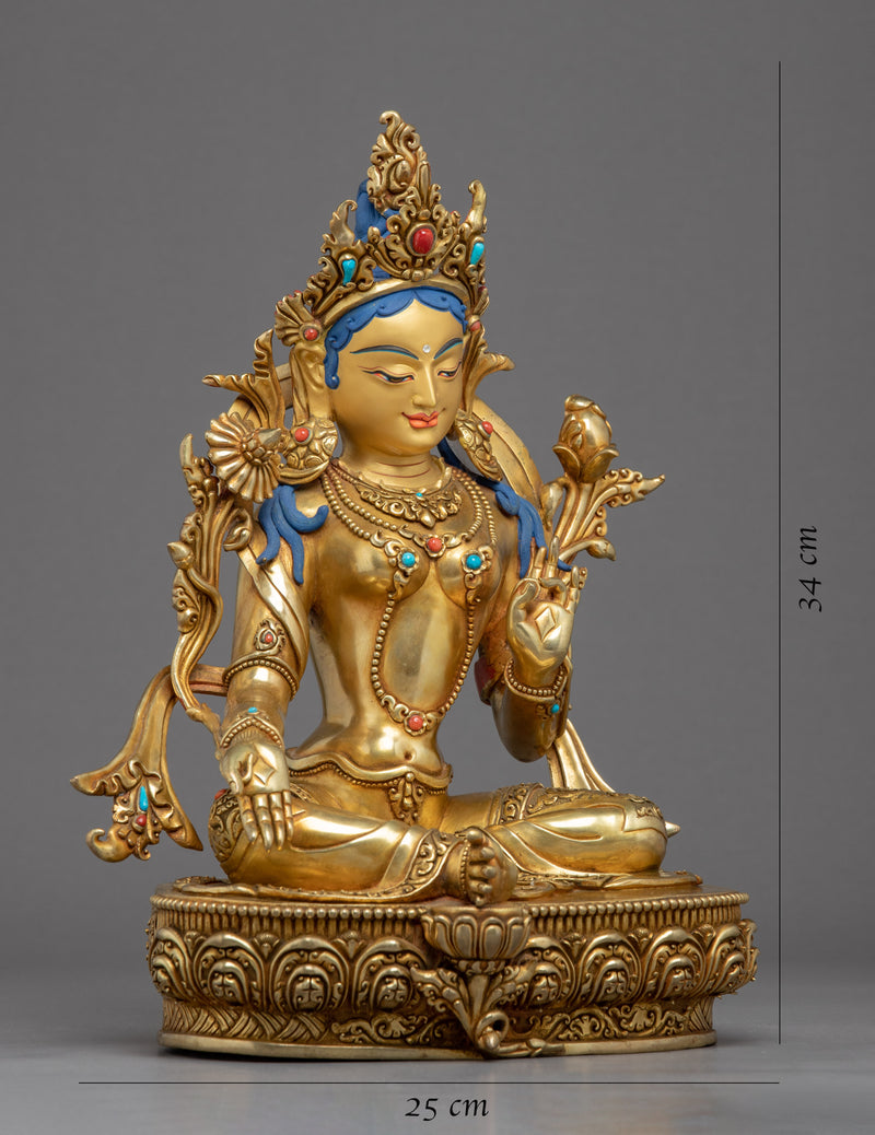 Green Tara Gold Gilded Sculpture | Buddhist Mother Tara Art