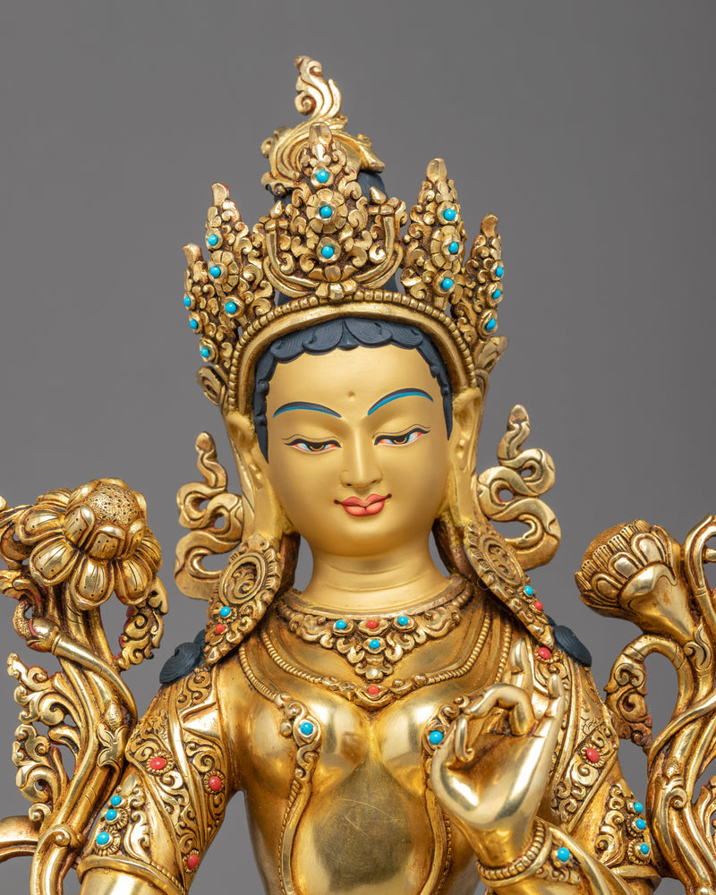 Green Tara Lotus Sculpture | Tibetan Handcrafted Art