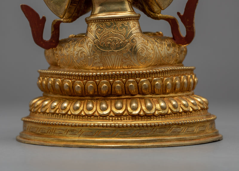 Four Armed Chenrezig Gold Sculpture | Hand Carved Himalayan Art
